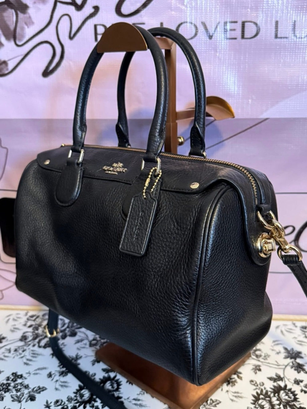 Coach Black Pebbled Leather Duffel with Coach Tag - Picture 4 of 5
